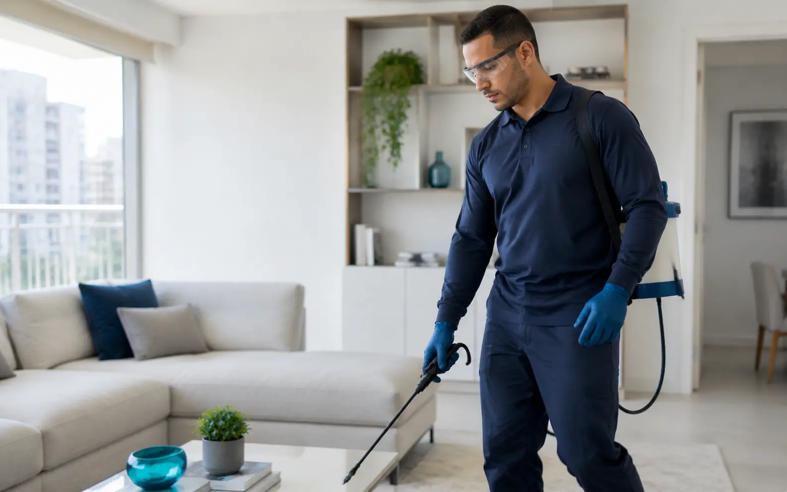 Técnico de controle de pragas trabalhando com cuidado em uma residência