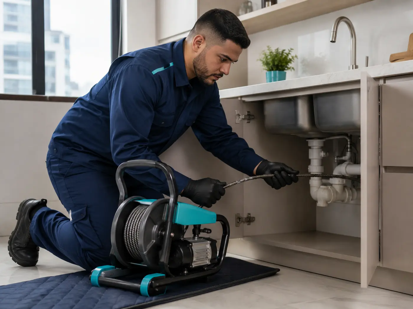 Técnico de desentupimento operando equipamento profissional em uma cozinha limpa